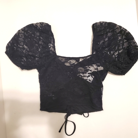 TOPSHOP Black Lace Tie Puff Sleeve Crop Top - Size XXS, 00, 0 - Picture 7 of 9